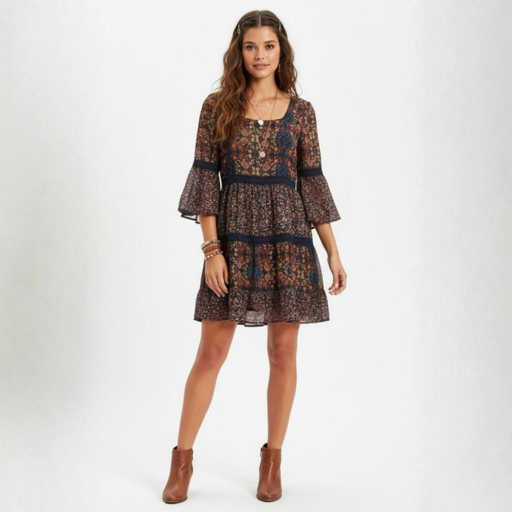Band of Gypsies Sheer Unlined Floral Black Red Mini Shell Only Dress - Medium